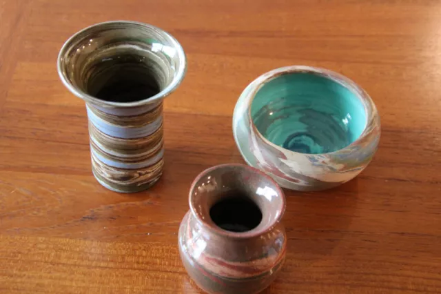 Lot of 3 – Mission Style Swirl Pottery – 2 vases and a bowl