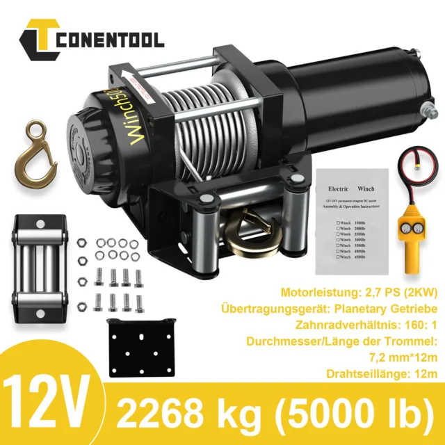 CONENTOOL Elektrische Seilwinde 12V 1360KG Elektrowinde Motorwinde Offroadwinde