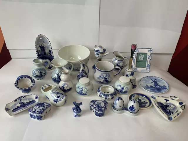 Huge Vintage lot Of Dutch Holland Delft Blue ceramics. Bowls Pitchers Vases