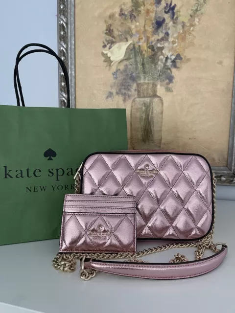 NWT Kate Spade Boxed Quilted Metalic Leather Crossbody Card Case Set In Pink