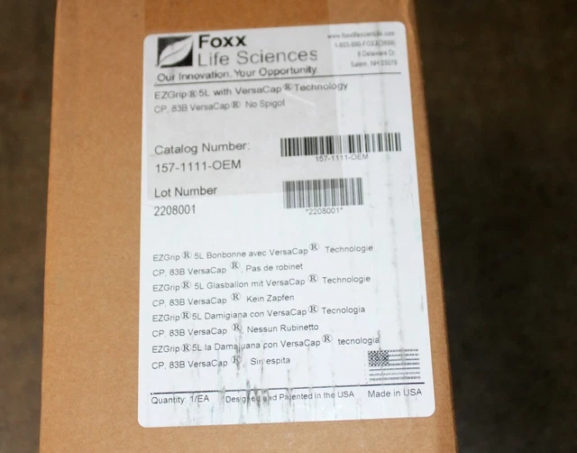 Foxx Life Sciences EZGrip Carboy, 5L, CP, 83MM VersaCap, 157-1111-OEM NEW