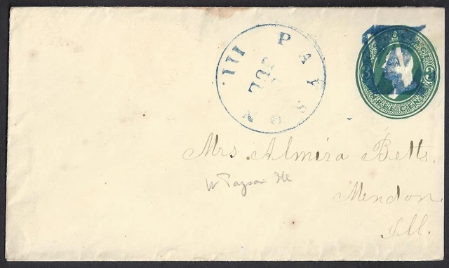 US 1870's FANCY BLUE CANCEL PAYSON ILL TO MENDON ill
