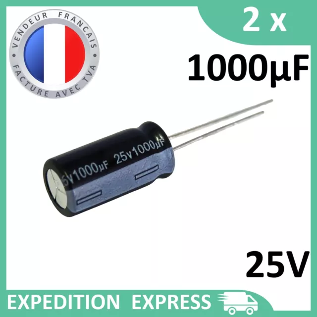 2 condensateurs électrolytique 1000µF 1000uF 25V radial WH 105°C THT chimique