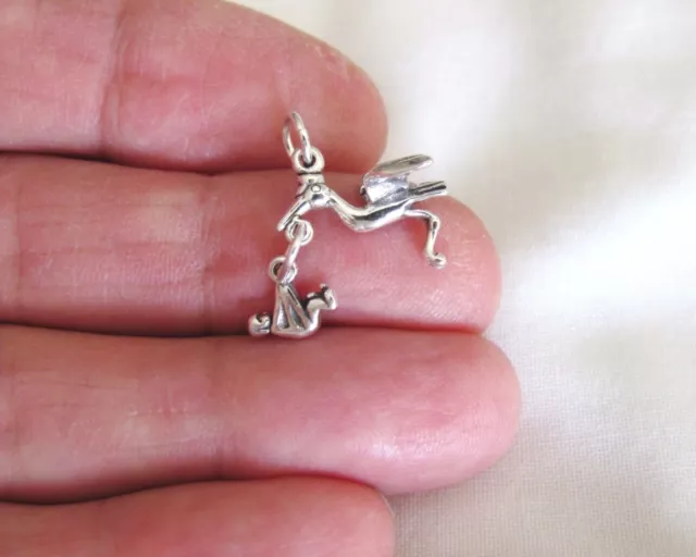 Sterling Silver Stork with baby dangle charm