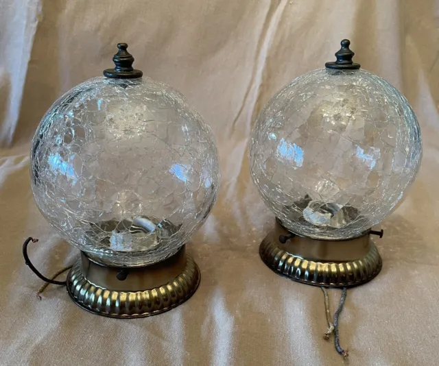 2 Vintage Crackle Glass Globe Ceiling Light Fixtures Bronze Finial Mid Century