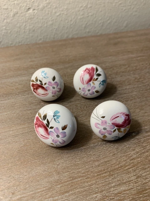 Vintage Ceramic Porcelain Floral Drawer Pulls Knobs SET OF 4