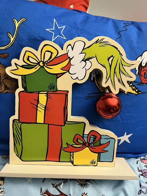 DR SEUSS GRINCH Stand Alone Wooden Sign Hand Holding Christmas Ball $29