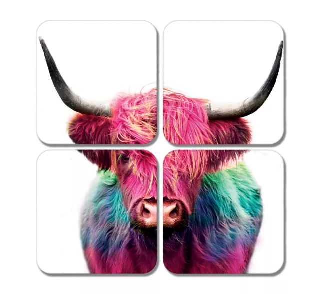 4 x Square Colourful Highland Cow Coasters - Animals Hair Jigsaw Gift #78334