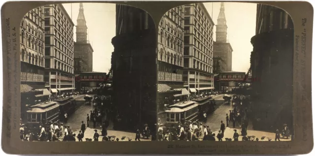 US USA Chicago Madison Street Foto Stereo Vintage 1905