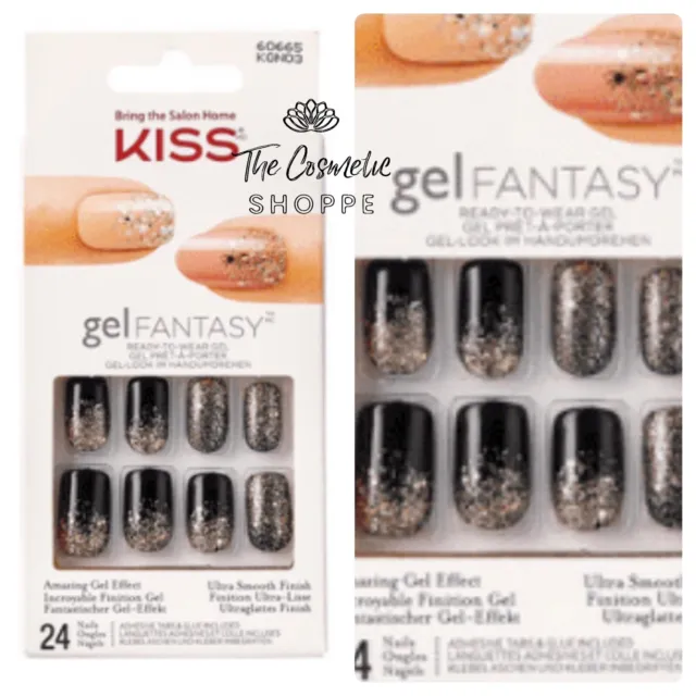 Kiss Gel Fantasy Glue On Medium Length Black & Gold Glitters Painted Veil x1