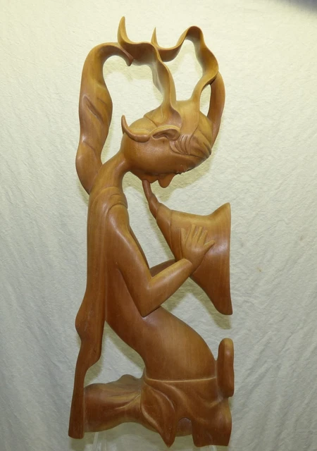 Bali Balinese Carved Wood 20" Sculpture Figurine Statue Musician Vintage Art MCM