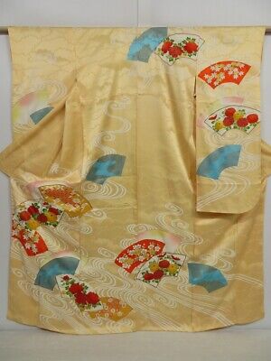 0908i03z830 Japanese Kimono Silk FURISODE Cream-Yellow Jigami