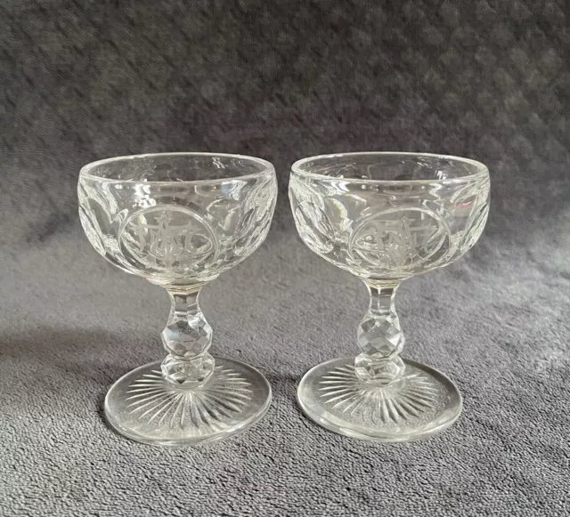 Antique Georgian Hand Blown Optic Cut Engraved Medallion Crystal Wine Glass Set