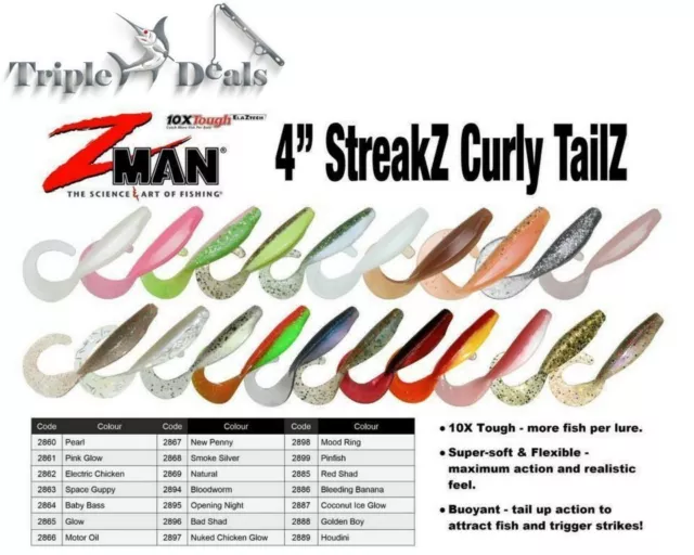 5 Pack of Zman 4" Streakz Curly Tailz Soft Plastic Lures - Z man Soft Plastics