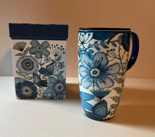 NIB Lori Siebert 17 oz Ceramic Coffee Mug "Shades of Indigo"