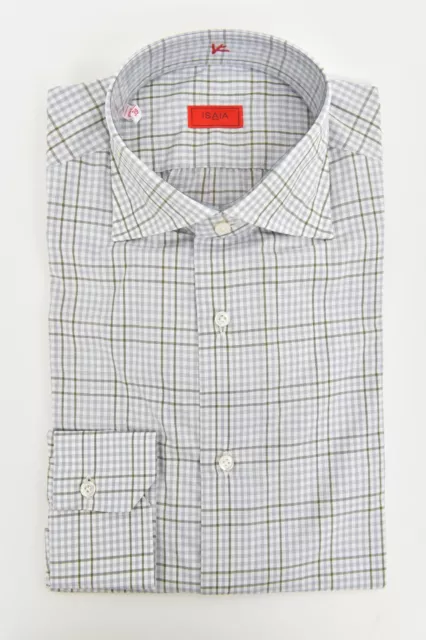 NWT ISAIA Napoli Blue White Checkered Cotton Spread Collar Dress Shirt 15 1/2 39