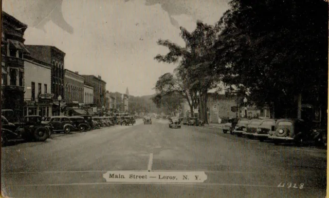 Main Street in Leroy New York Black and White Postcard Vintage 1930s Cars