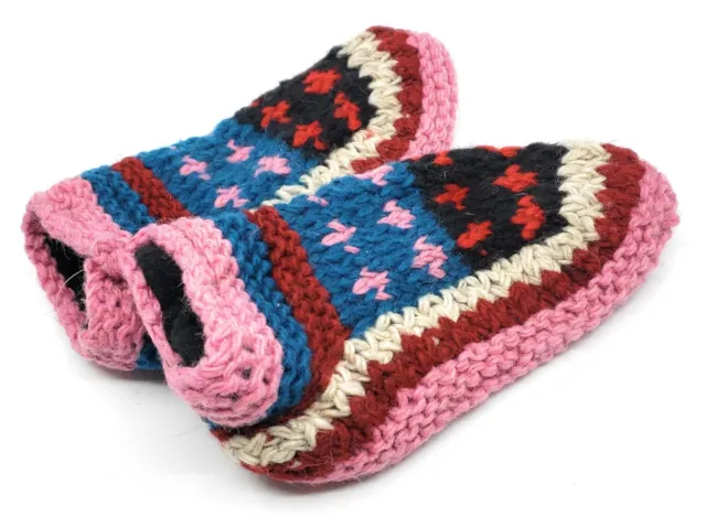 Hand Knit Wool Bedroom Slippers Fleece Lined Made in Nepal Medium Size