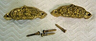 New~Old Stock ~ Pair Cast Brass Embossed Bin Pulls with screws        #1213