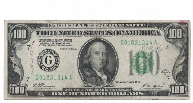 1928 A US $100 Dollar Gold Redeemable GA Block Woods Mellon Note HG01831314