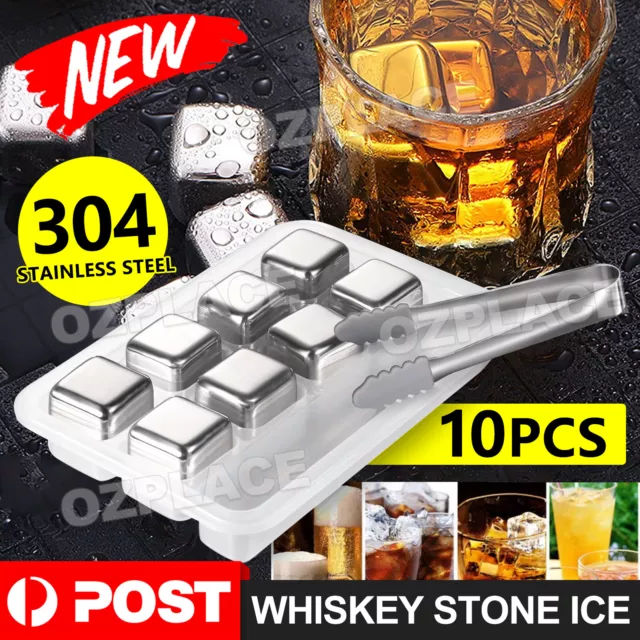 Stainless Steel Whiskey Stones x 8 Ice Cubes With Tong Reusable Cooling Ice Cube