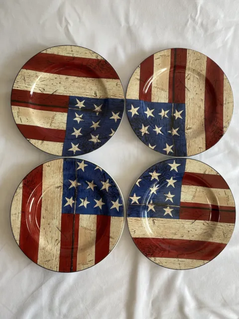 4 Sakura Warren Kimble Colonial American Flag Salad Plates 8” Rustic Patriotic