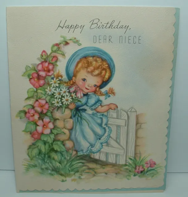 Cute Little Girl by the Garden Gate - 1950 Vintage Birthday Greeting Card