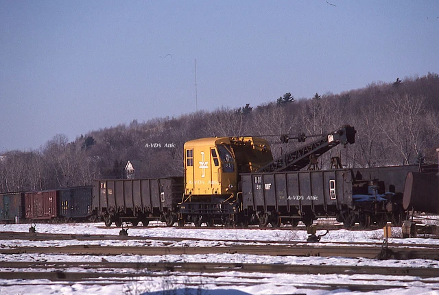 Orig slide B&M Boston Maine MOW Burro Crane  wrecker  Mechanicville NY 1982