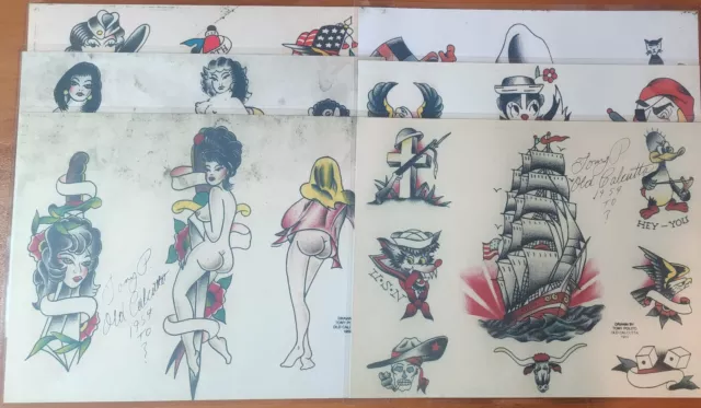 Lote de 6 hojas flash de tatuaje de estilo vintage tradicional de Tony Polito antigua Calcuta
