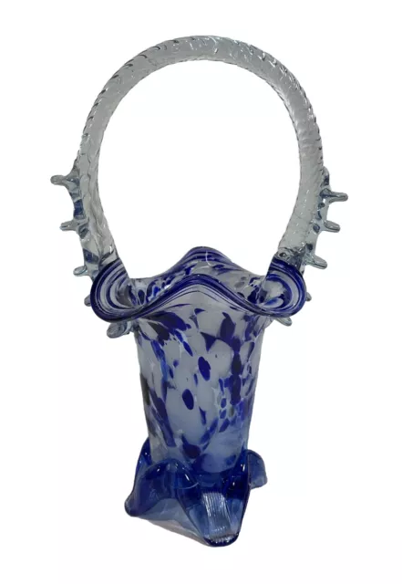 Vintage Murano Hand Blown Art Glass Basket Vase in Cobalt Blue and White