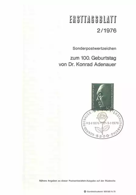 Ersttagsblatt 1976 - 100. Geburtstag von Konrad Adenauer Briefmarke