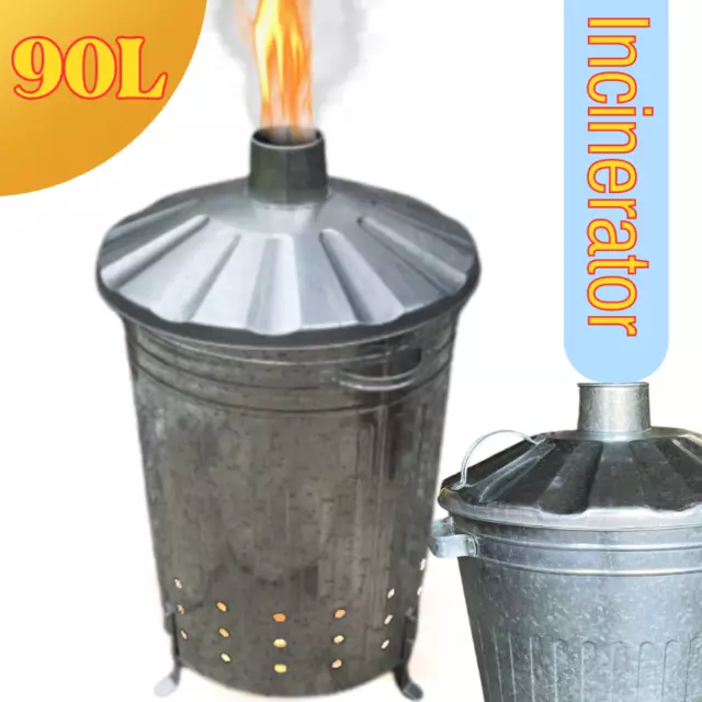 90L Galvanized Incinerator Garden Rubbish Fire Bin Paper Leaf Wood Waste Burner