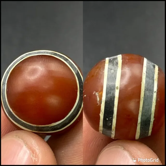 Agate Ancient Etched Agate 2 Stripes Pyu Indo Tibetan Line Decorated Bead 15mm