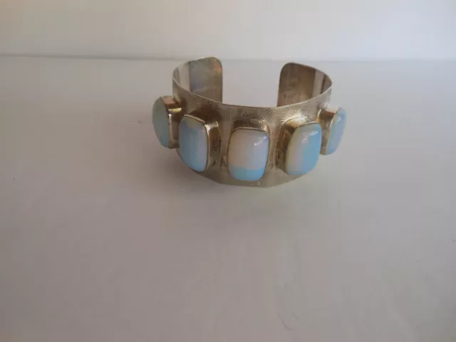 Vtg Sterling Silver .925 Brutalist Wide Open Cuff Moonstone Cabochon Bracelet