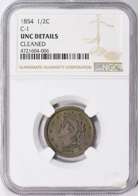 1854 Braided Hair Half Cent  NGC Uncirculated details  C-1