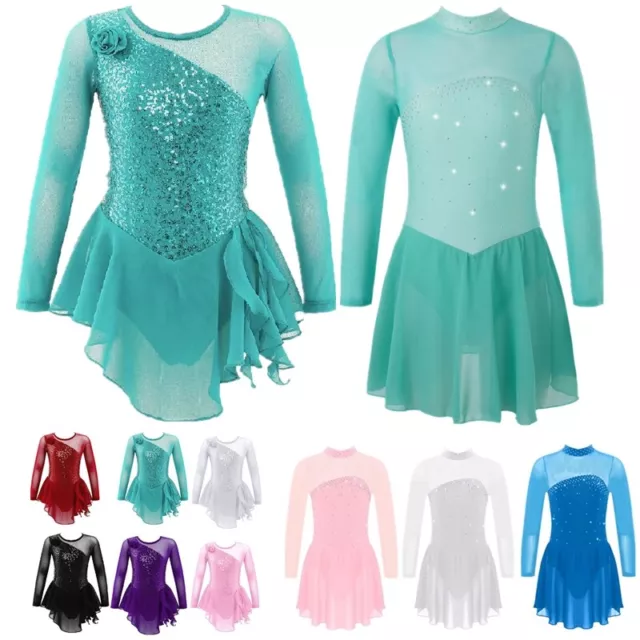 Girls Ice Skating Dress Ballet Dance Leotard Dress Mesh Splice Dancewear Costume
