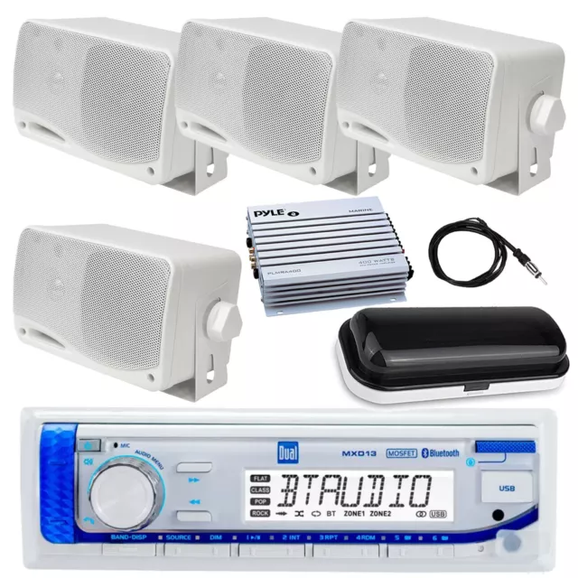 Marine Receiver, 4x 3.5'' Indoor/Outdoor White Speakers, Cover, Amp, 22" Antenna