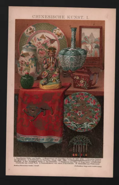 Chrome/Lithography 1896, Chinese Art I-III. Porcelain Teapot Silk-Stic