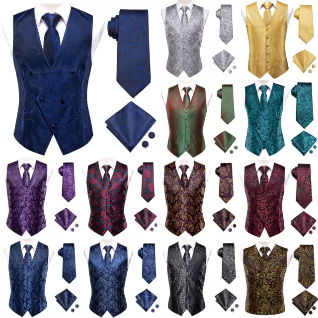 UK Mens Vest Suit Paisley Floral Waistcoat Blue Black Gold Silk Tie Set Jacket