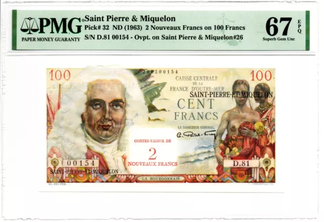 Saint Pierre & Miquelon: 2 Nouveaux F. on 100 F. (1963) Pick 32. PMG SGU 67 EPQ.