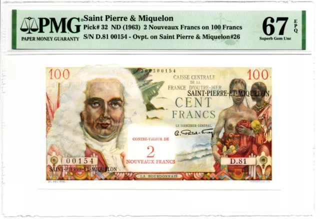Saint Pierre & Miquelon: 2 Nouveaux f. on 100 f. (1963) Pick 32. PMG SGU 67 EPQ