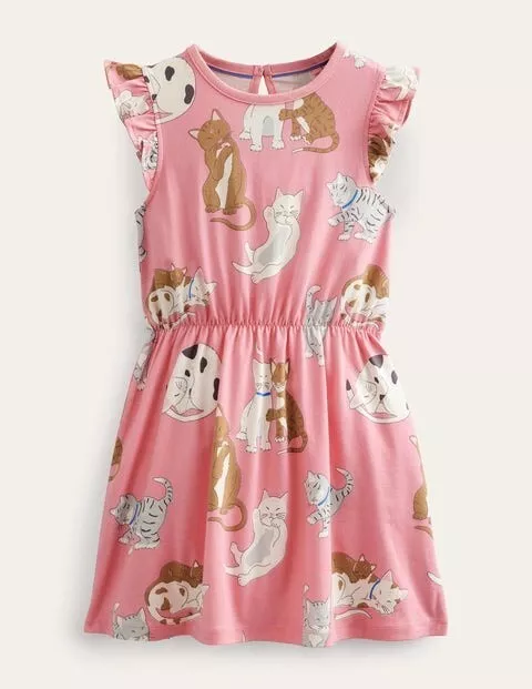 Mini Boden Cat Dress Pink Frill Sleeve Jersey NWT New 11-12