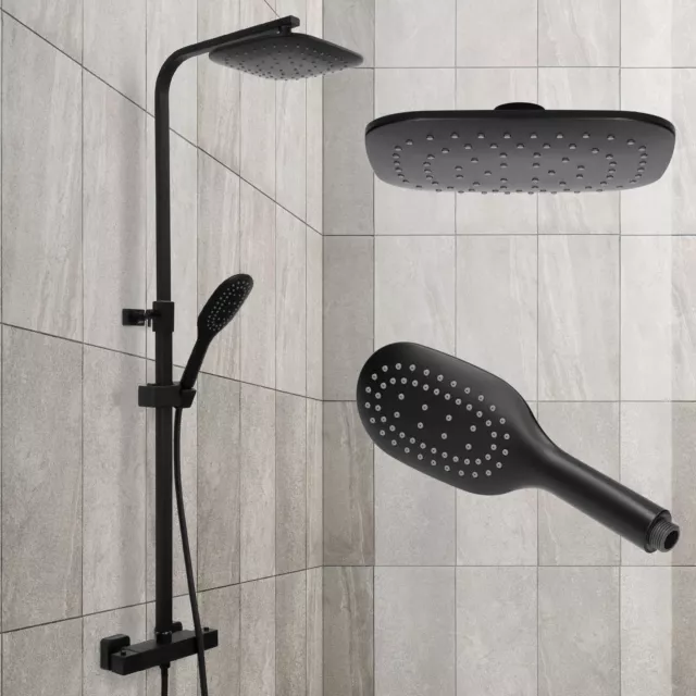 Système de douche à pluie carré noir avec colonne pommeau de douche + thermostat