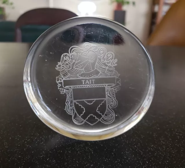 Vintage TAIT FAMILY CLAN SCOTLAND ENGLISH GLASS PAPERWEIGHT COAT OF ARMS SHIELD