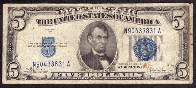 1934 C $5 SILVER CERTIFICATE 637 WIDE MULE NA BLOCK FR.1653Wm CIRCULATED FINE