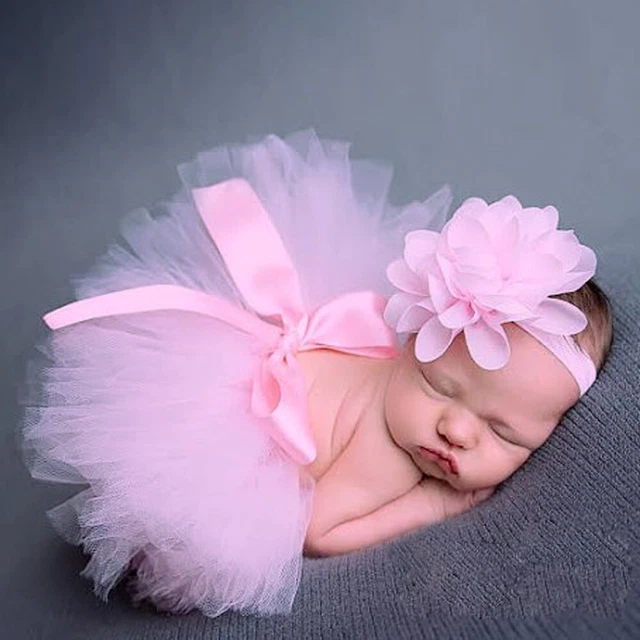 Juego de 2 piezas de accesorios fotográficos con flores para bebés niñas con moño y tutú