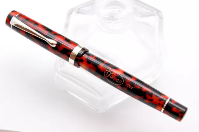 FILCAO COLUMBIA- Fountain Pen-RED CELLULOID/SOLID SILVER 925- Button Filler -NEW