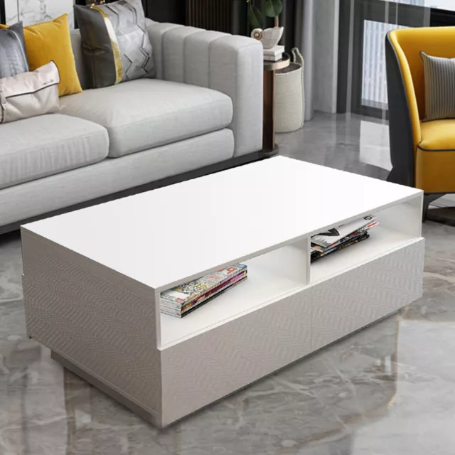White High Gloss LED Light Coffee Table w/ 4 Drawers Living Room Table Furniture