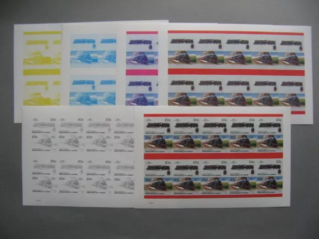 ST VINCENT GRENADINES, Imperf. sheet MNH + 5x colorproof Train UK 5MT class 1951