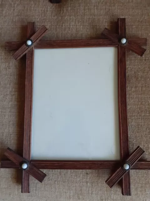 Antique Black Forest Walnut Adirondack Porcelain Dot Picture Frame Tramp Art